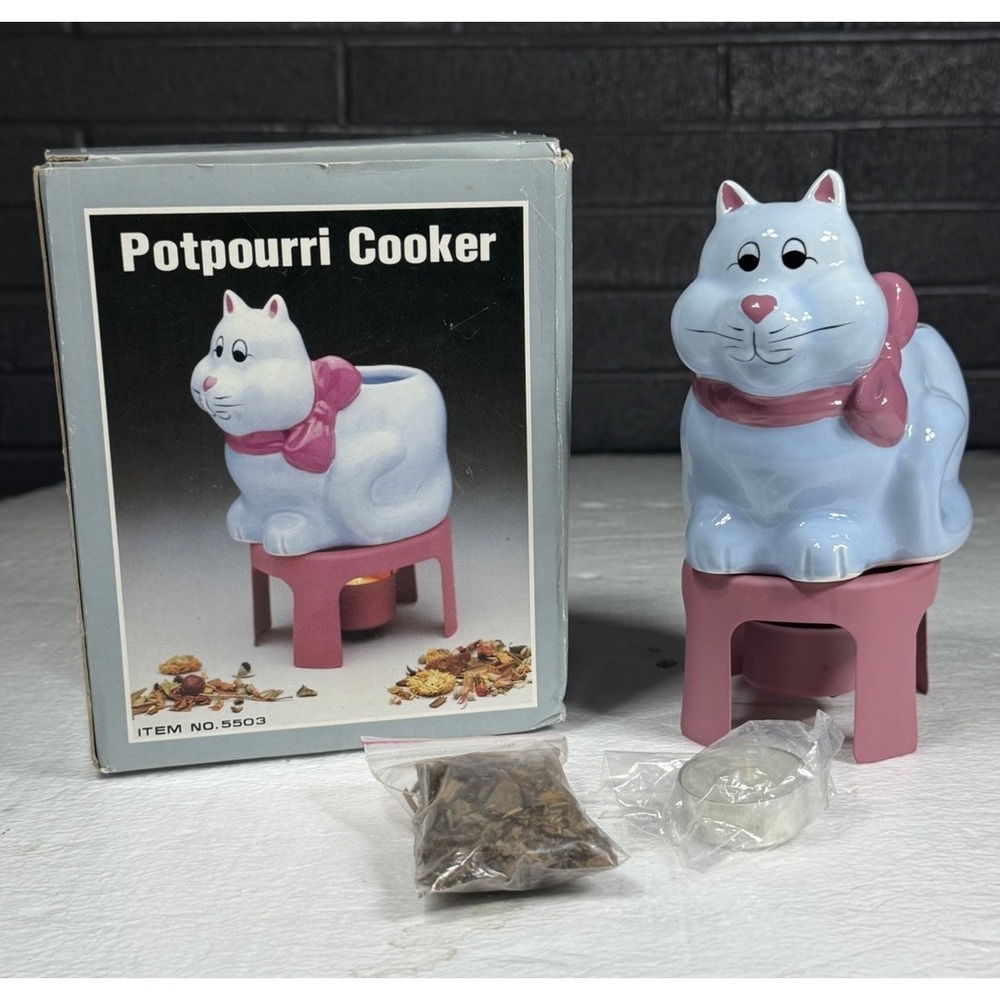 Vtg Ceramic White Small Kitty Cat Kitten Potpourri Cooker MCM NOS 5" Tall NEW